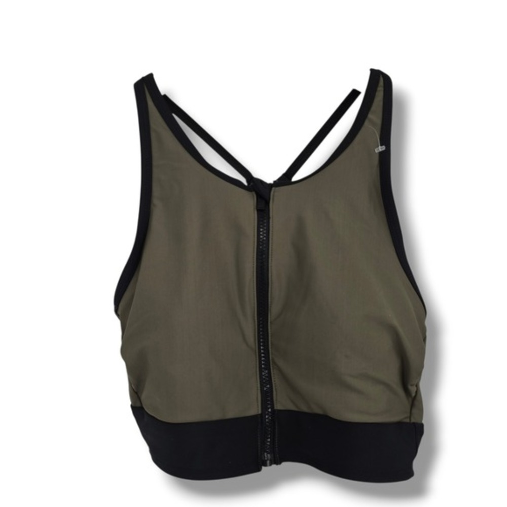 All‎ In Motion Womens Medium Olive Green Black Front Zip High Neck Sports Bra M